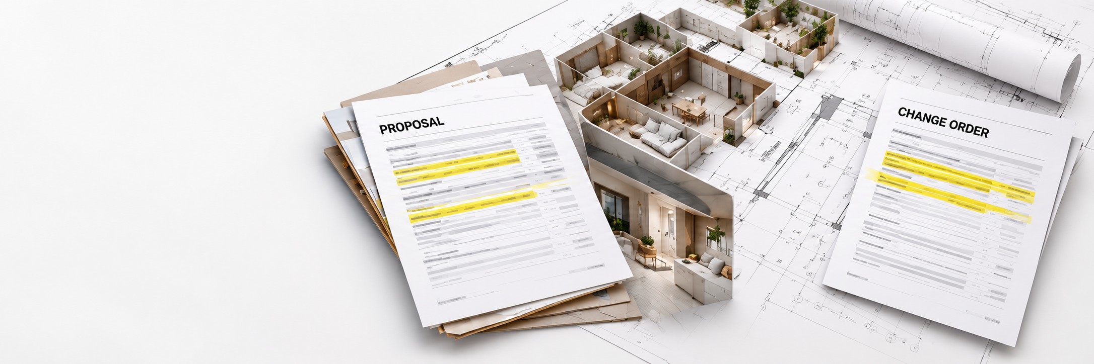 An architectural model surrounded by proposals, plans and highlighted change orders