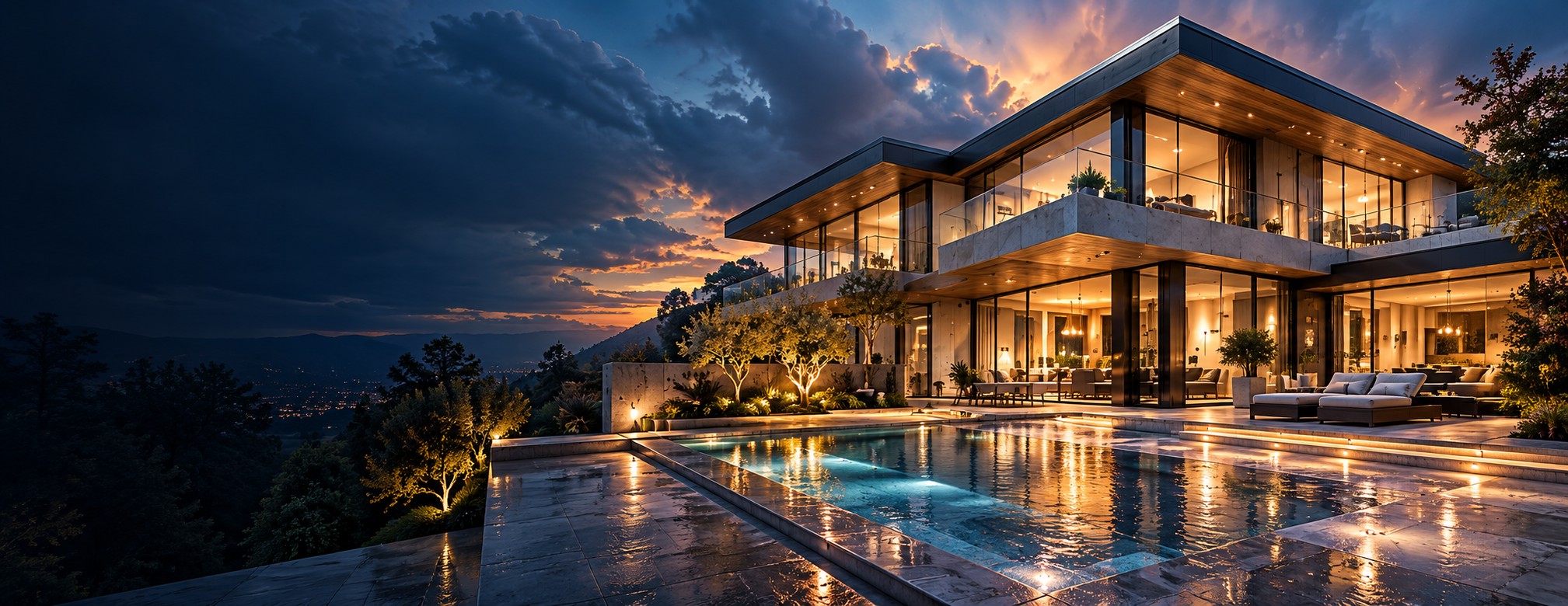 A contemporary glass home glowing warmly at twilight
